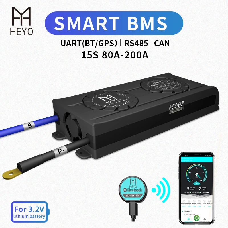 HEYO Smart BMS LiFepo4 LiPo LFP 15S 48V 80A 100A 120A 150A 200A Bluetooth BT GPS UART RS485 зарядный аккумулятор с