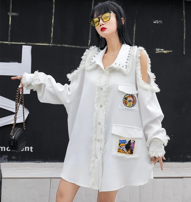 

Thailand tide brand spring new heavy industry beaded shirt female design sense niche shirt tassel strapless top