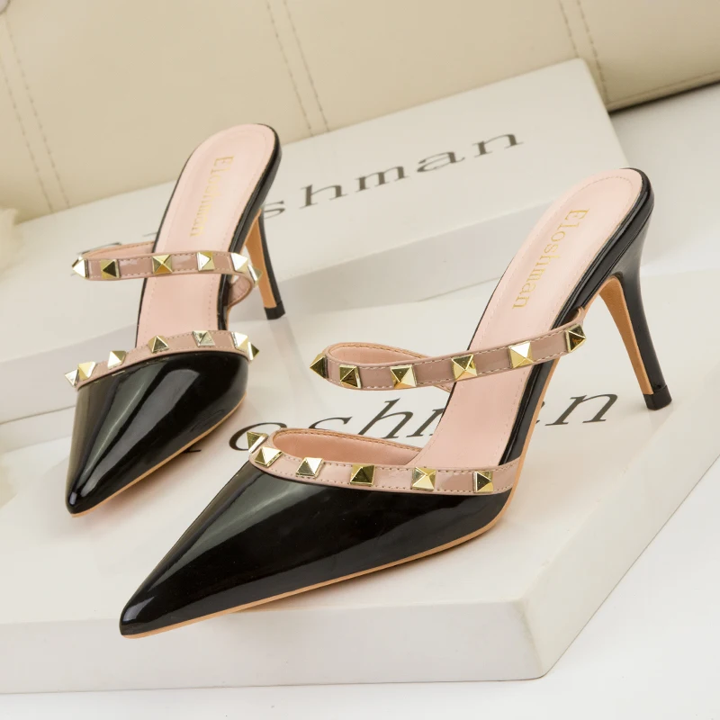 

2023 New Women High Heel Sandal 7.5cm Pointed Sandals Women Riveted High-heeled Shoes With Spikes Middle Heel Shoes 34-41