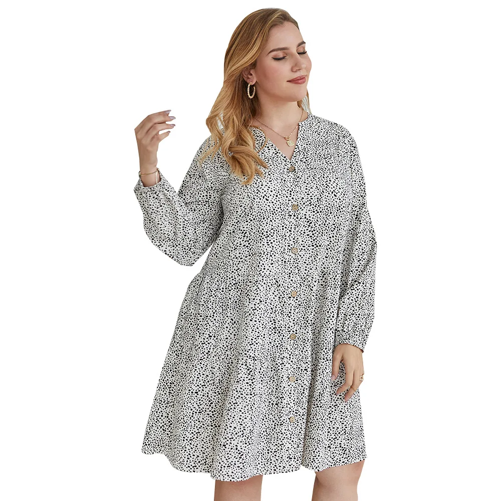 

Oversize Women's 2021 New Autumn Lace Neck Lantern Sleeve Floral Dress For Ladies White Printed Chic Plus Size Fashion Dress