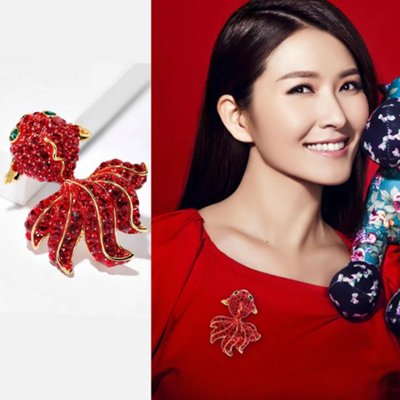 Броши рыба кристально-красная брошь Золотая рыбка для женщин с милыми животными