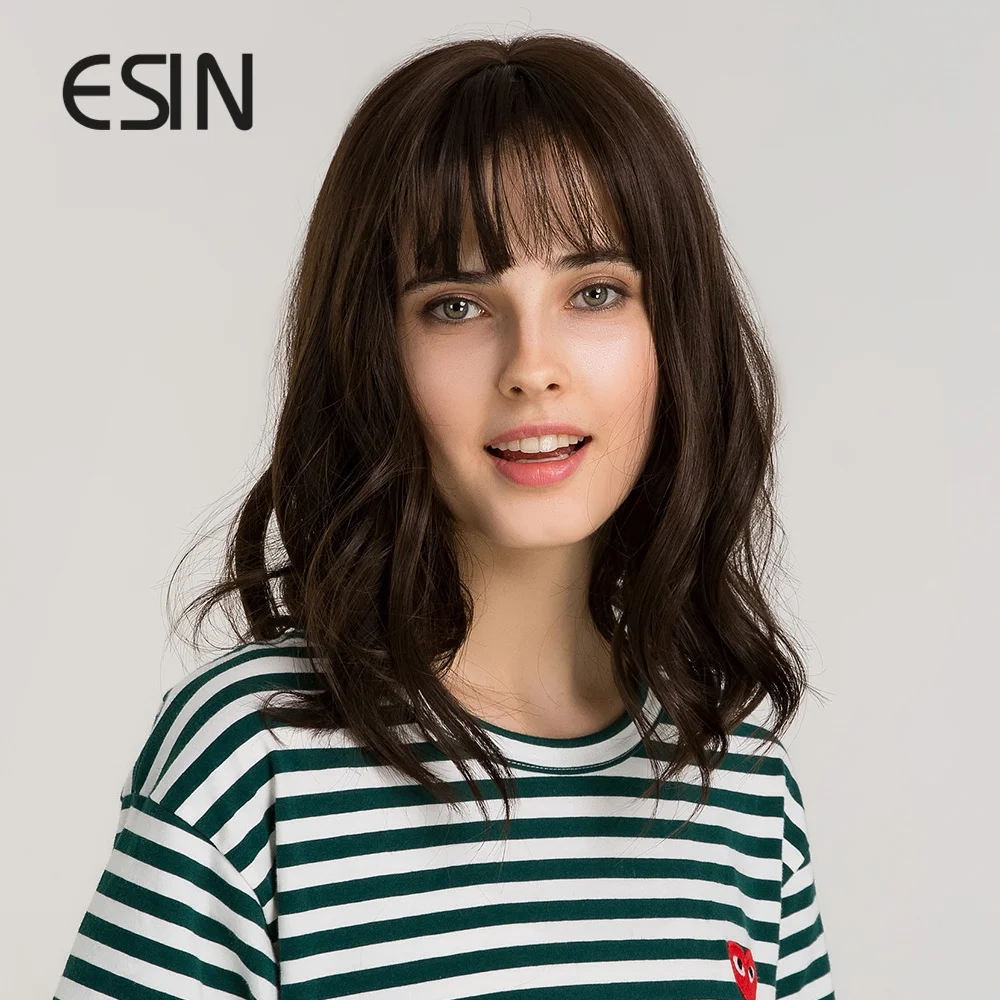ESIN темно коричневый средней длины парик с волнистыми волосами и челкой косплей