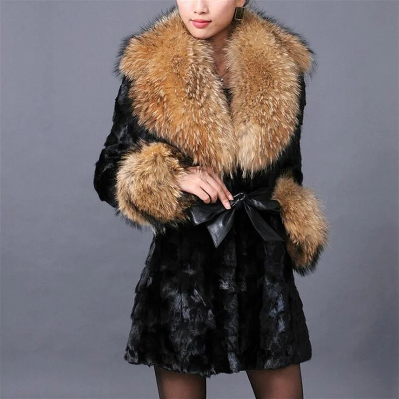 Ladies imitation mink fur coat womens female autumn winter new style fox fur mid-length jackets шуба из искусственного black