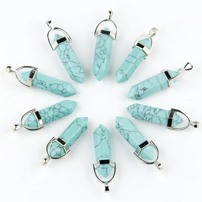 Turquoise 10 шт./лот Черный обсидиан Природные Смешанные Камни Камень Точка Шестигранный Кристалл Ювелирные Аксессуары Заявление Женщины Ожерелье - Окраска металла: Turquoise