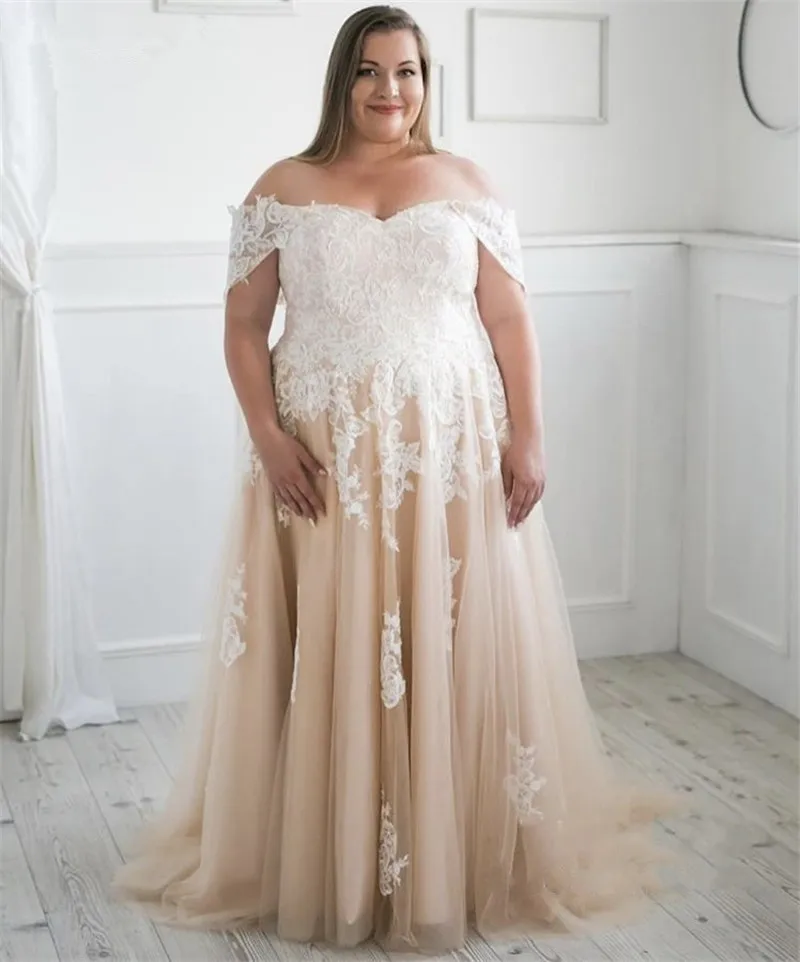 

champagne Wedding Dresses Plus Size Off The Shoulder A-Line Tulle Lace Wedding Dresses With Lace Up bridal gown vestido de noiva
