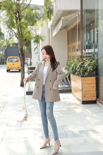 

Autumn 2019 Korean Double Breasted Women Blazers Plaid Retro Long Sleeve Blazer Work Office Outfit Elegant Pink Coat Woman