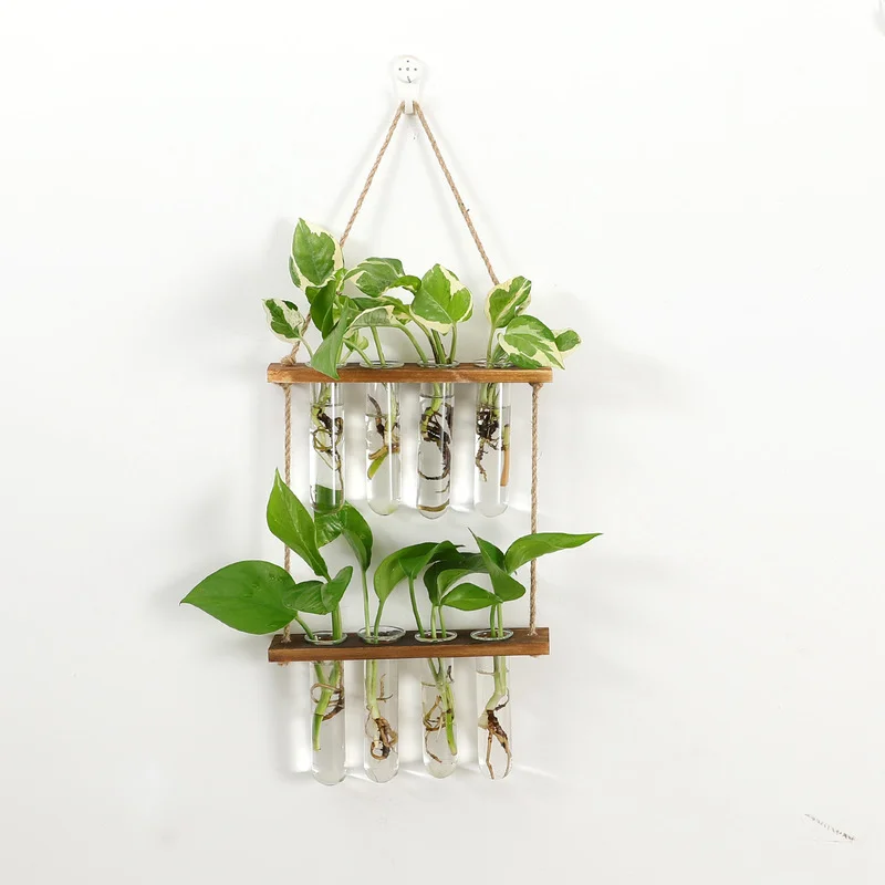 Macetero de vidrio colgante de pared, terrario con soporte de madera para plantas hidrop&oacute;nicas, Mini florero de tubo de ensayo, propagador, decoraci&oacute;n de jard&iacute;n y oficina en casa-2