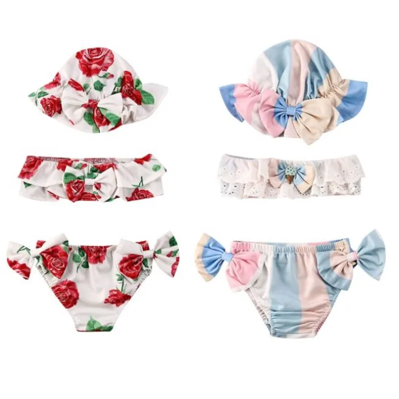 

3Pcs Toddler Baby Girls Kids Swimsuit Newborn Baby Girls Striped Swimwear 0-24M Bowknot Bathing Suit Tankini Floral Bikini Sets