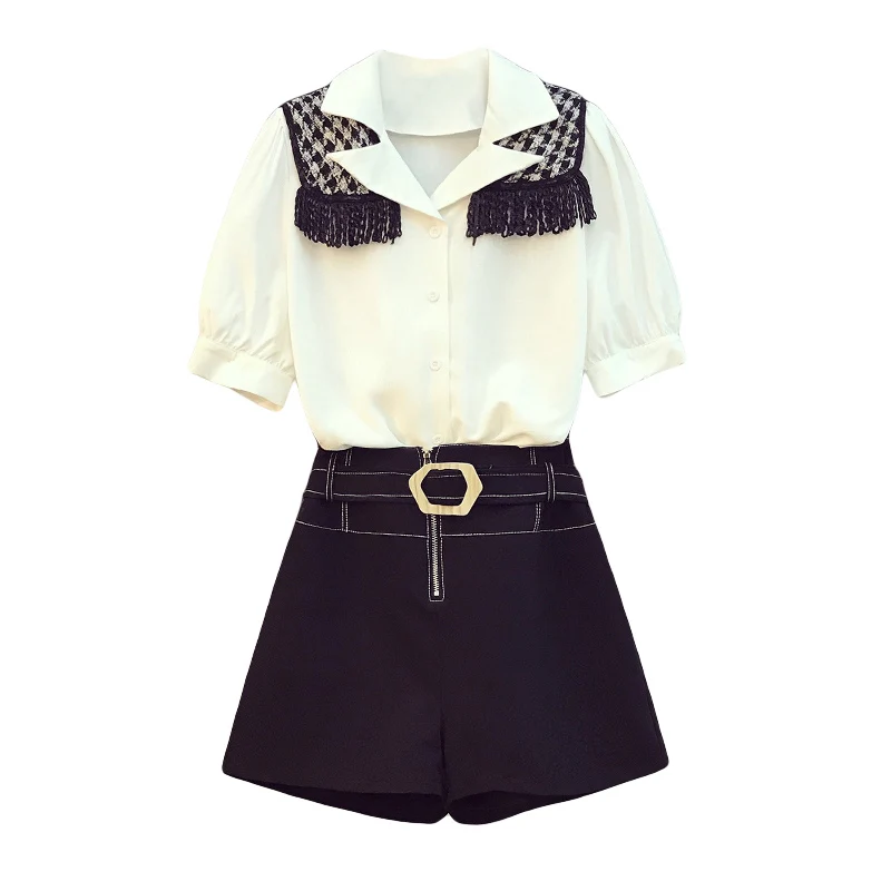 

2021 New Hit Summer Two-piece Sets For Women Short Sleeves White Shirt With Tassel + Black Pants Ladies Suits Female Clothing