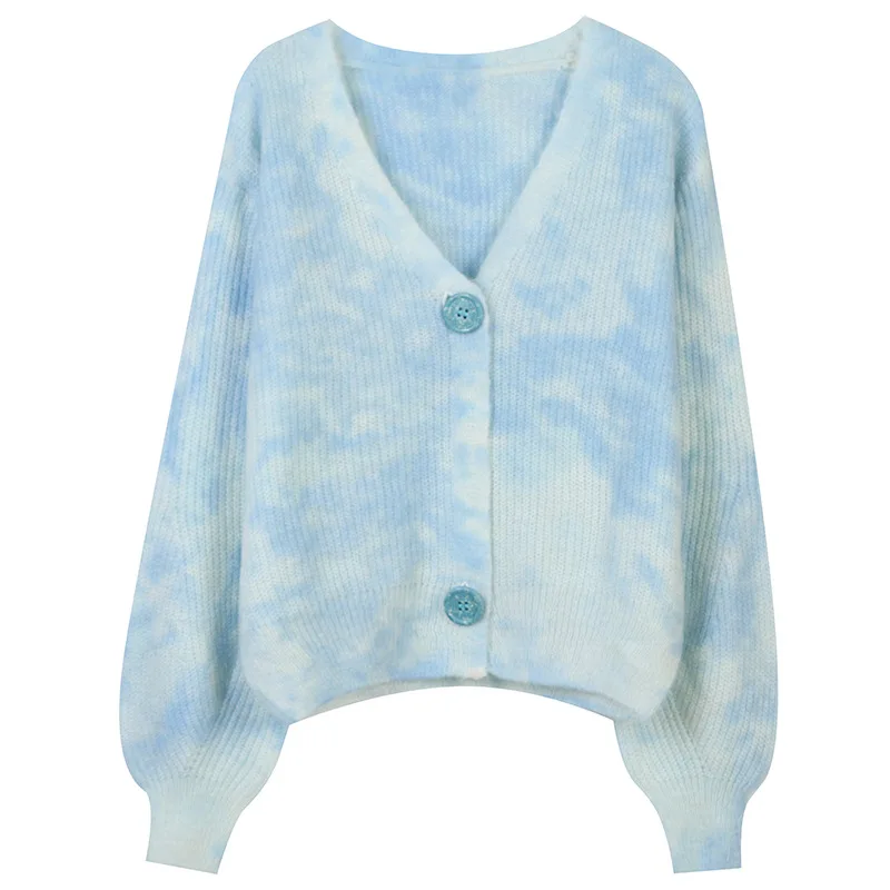 

V-Neck Long-Sleeved Single-Breasted Contrasting Gradient Blue Loose Korean Fashion Knitted Cardigan Autumn Winter Women New