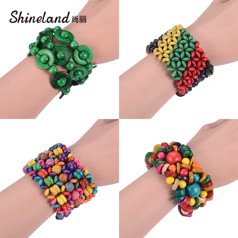 

Shineland Charm Colorful Handmade Wooden Beads Bracelet For Women Flower Round Heart Bangles Bohemian Ethnic Jewelry Bijoux Gift