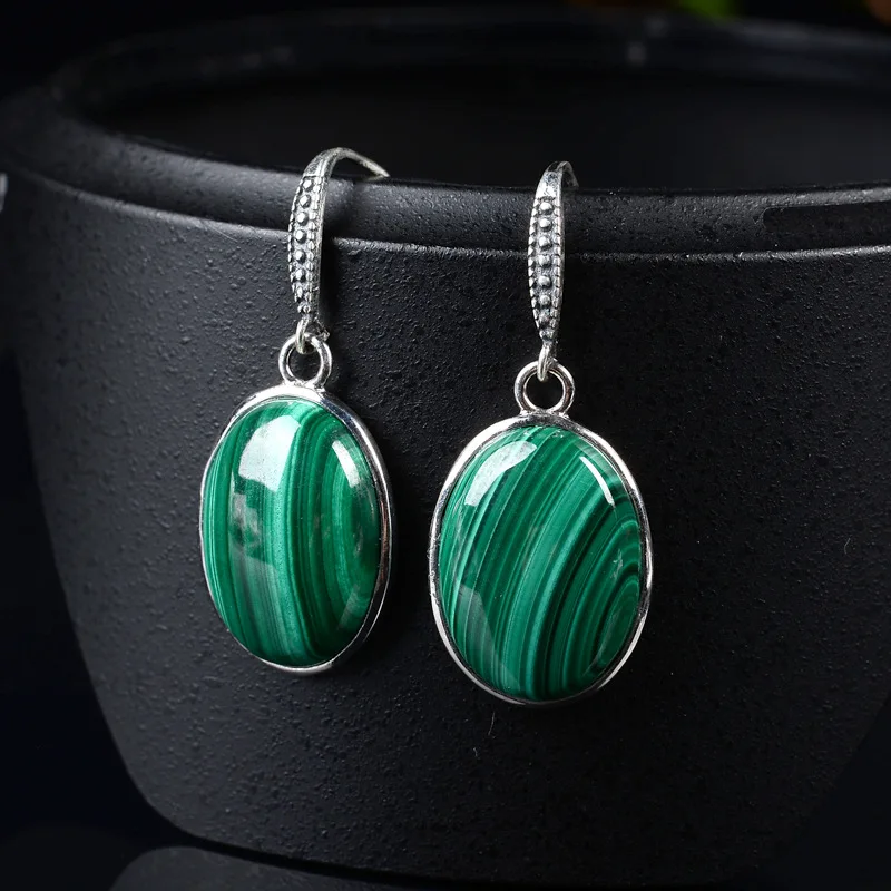 Женские серьги из натурального малахита инкрустированные серебра 925 пробы