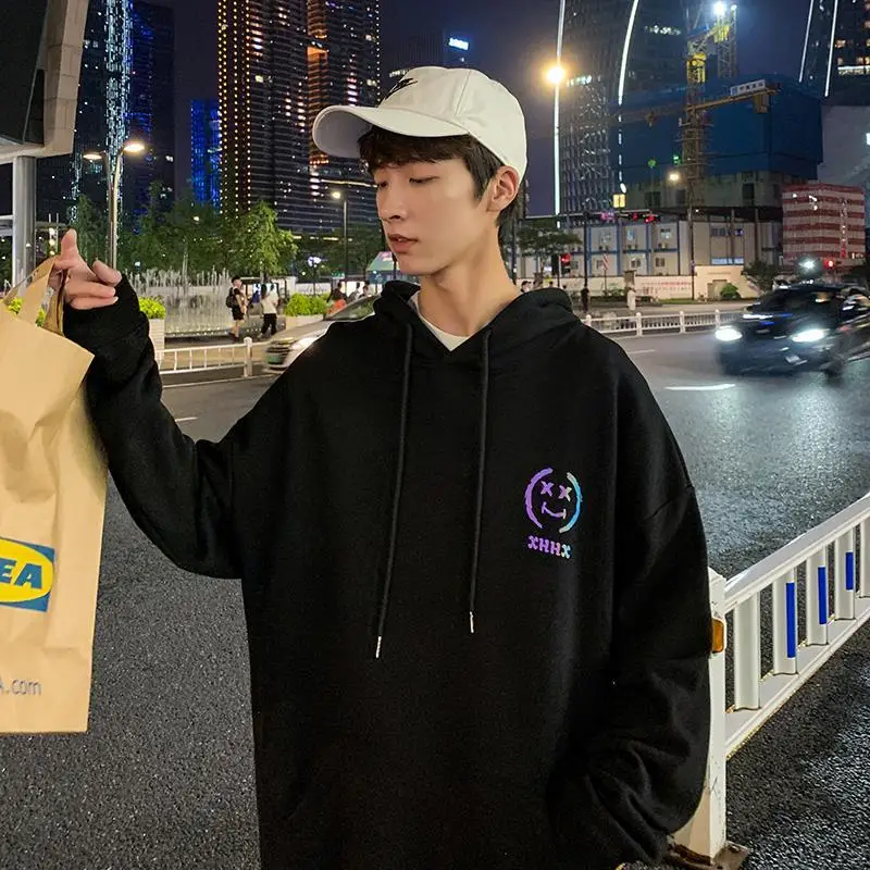 

Men Reflective Hoodie Streetwear Smile Print Tops Male Hip Hop Harajuku Sweatshirts Cool Korean Hoody Fashions Black Hoodie