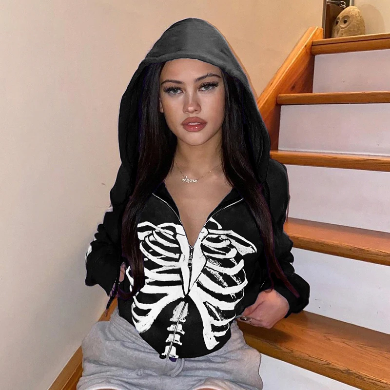 

Skeleton Zip Up Hoodie Oversized Sweatshirt Long Sleeve Polerones 2021 Autumn Clothers Top Women's Tracksuit Loose Streetwear