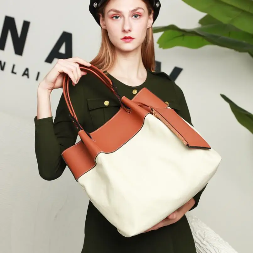 

2020 New Large Capacity Genuine Leather Canvas Patchwork Shoulder Bags Women Luxury Designer Casual Tote Handbags High Quality