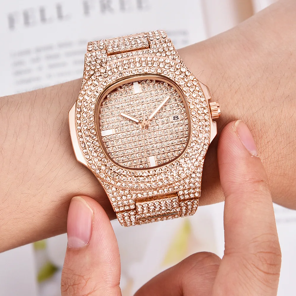 2021 Iced Out Часы Хип хоп золотые мужские кварцевые часы деловые женские