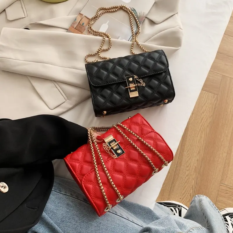 

High Quality 2021 New Fashion Women Brand Designer Crossbody Mini Rhombic Chain Solid color Shoulder Bag Plaid Messenger Bag