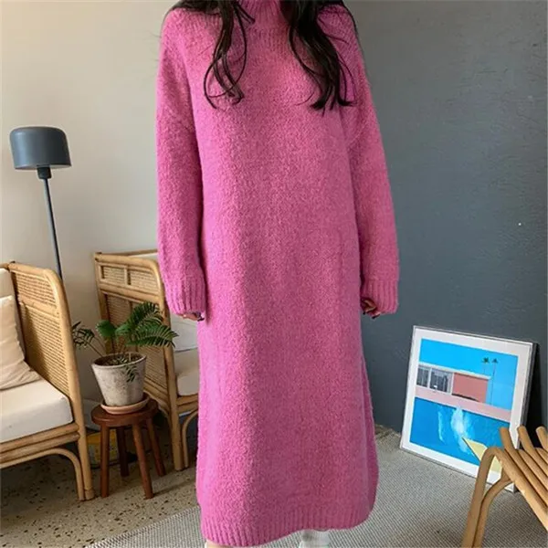 rose Red RUGOD, винтажный вязаный свитер, платья размера плюс, женские свитера, однотонный джемпер, макси платье, зимняя вязаная одежда - Цвет: rose Red