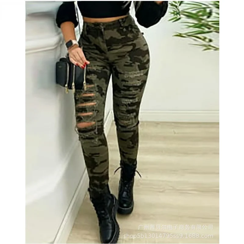 

Fashion Camouflage Women's Pencil Trousers High Waist Hole Pants Casual Skinny Pants