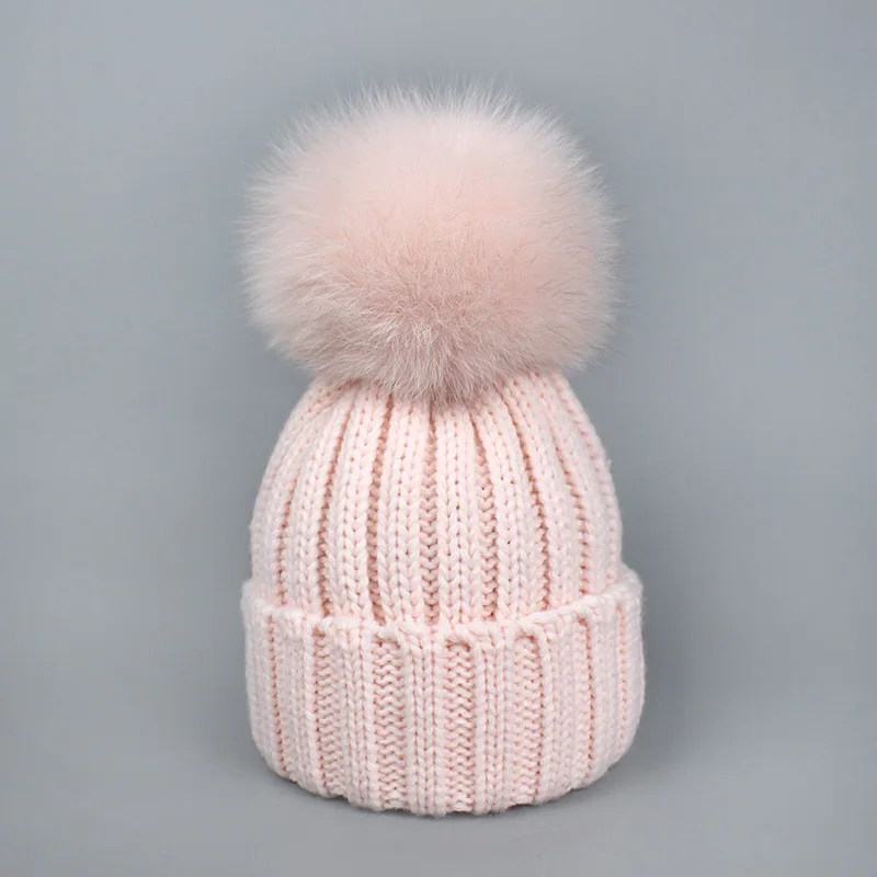 Pink-Hat Осень-зима, детский, взрослый, леди, помпон из лисьего меха, женская вязаная шапка, шапка, шарф, набор, детский, Soild, вязаный крючком, большой помпон, шапки, s - Цвет: Pink-Hat