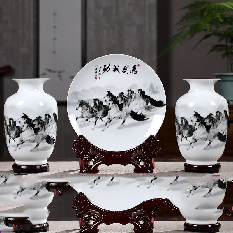 Китайская керамическая ваза фэн-шуй + тарелки для украшения стола гостиной