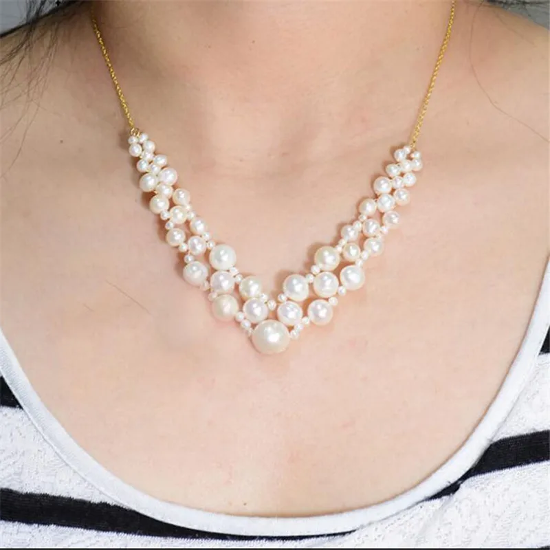 

New Natural White Freshwater Pearls Geometric Chain Necklace V-shape For Women Wife Anniversary Gifts Classic Fashion Jewellery