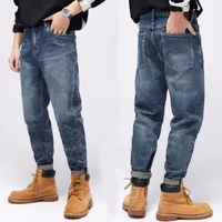 street style fashion men jeans loose fit retro blue elastic ripped jeans men embroidery designer hip hop wide leg denim pants
