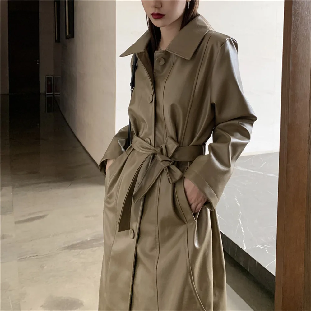 Женская длинная куртка из ПУ кожи черная свободная ветровка с поясом Осенний