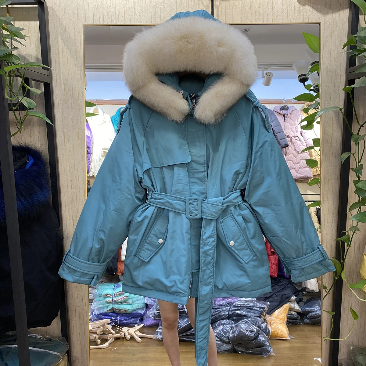 Fitaylor Women Winter 90% White Duck Down Jacket Belt Up Big Real Fur Collar Coat Warm Office Lady Black Fashion Outwear | Женская