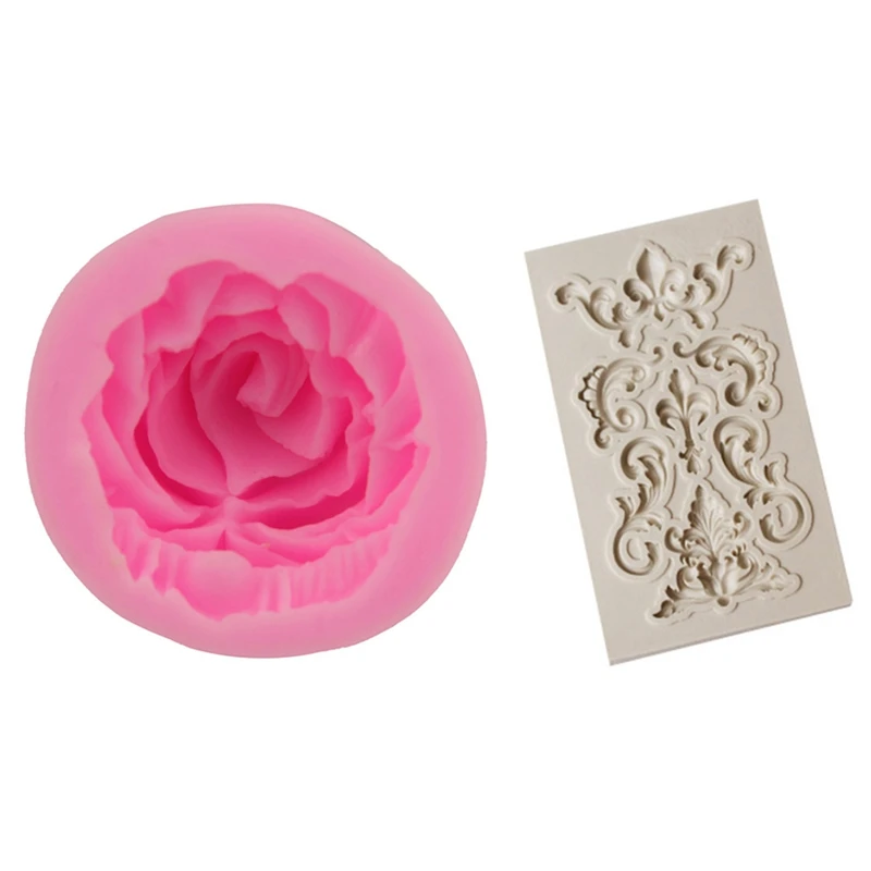 

2PCS Frame Silicone Mold Fondant Mold Cake Decoration Tool With 3D Rose Flower Fondant Cake Mold