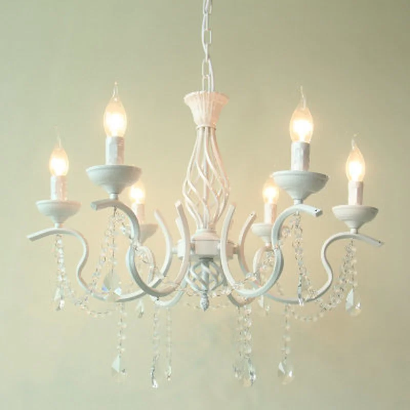 Vintage Wrought Iron Crystal Chandelier E14 Candle Lights Lighting Fixture Retro White Metal Ceiling Lamp MING | Освещение