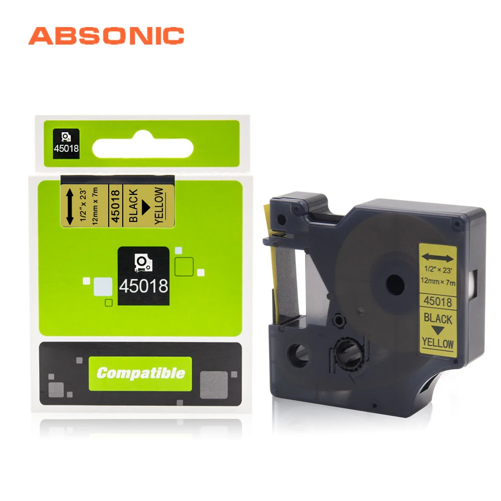 Absinic 12 мм 45018 черный на желтой этикетке лента совместима с Dymo D1 LabelManager 160 280 210D 360D 420P