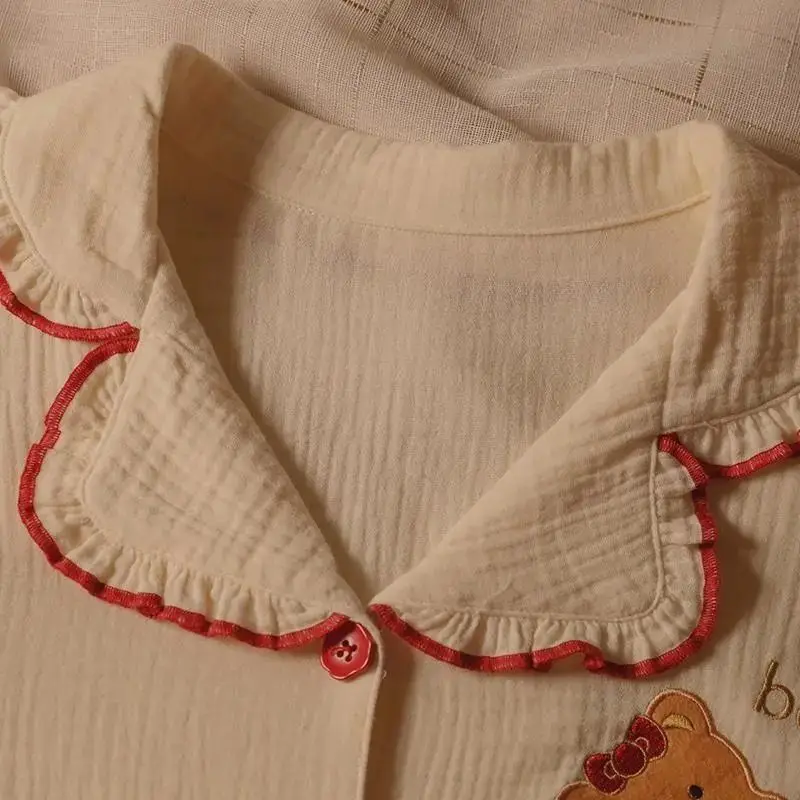 QWEEK Cotton Pajamas Women Girls Kawaii Loungewear Home Clothes Bear Embroidery Pijama Female Set Woman 2 Pieces Pyjamas Summer