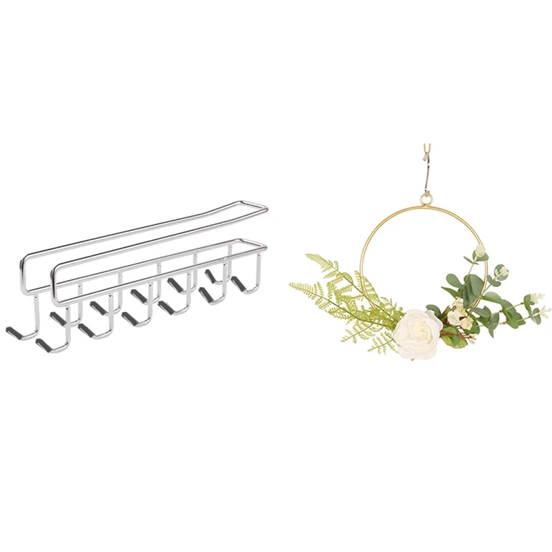 

Stainless Steel Hooks Hanger Under Shelf Wine Glass Holder Mug Cup Holder with Floral Hoop Wreath
