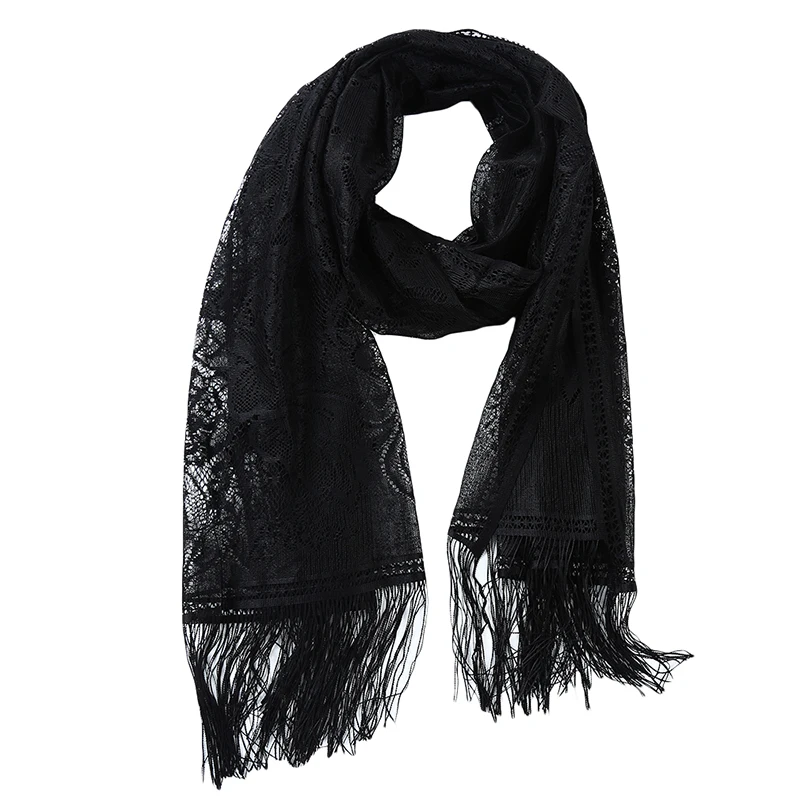 

Female Hanging Long Shawls 2021 Fashion Lace Hollow Scarf For Women Solid Color Tie Dyed Wild Scarf Muslim Tassel Scarf