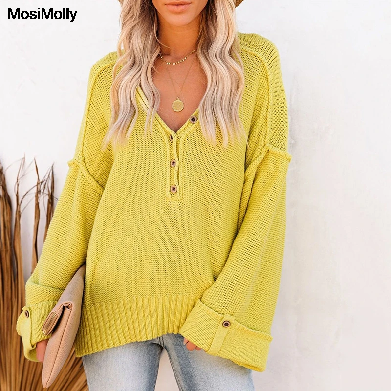

MosiMolly 2021 AW sweater Jumper Pullovers Women Yellow Sweater Oversize Loose Sweater Knit Button Sweater Knits