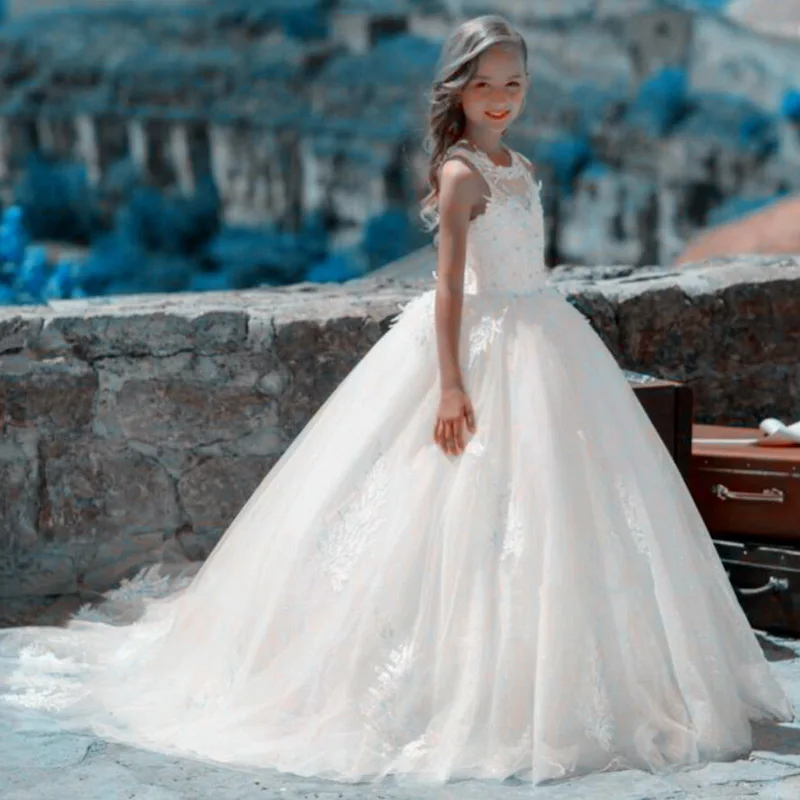 Новые белые кружевные платья без рукавов с цветочным узором для девочек первого