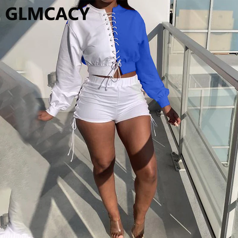 

Two Piece Tracksuit Long Sleeve Colorblock Lace Up Top & Slim Shorts Set