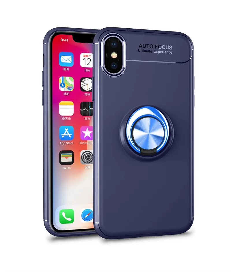 Чехол для телефона s Крышка корпуса ля iPhone x магнитное кольцо кронштейн мягкий матовый Силиконовый светильник и Тонкий Модный чехол для iPhone x Coque - Цвет: Синий