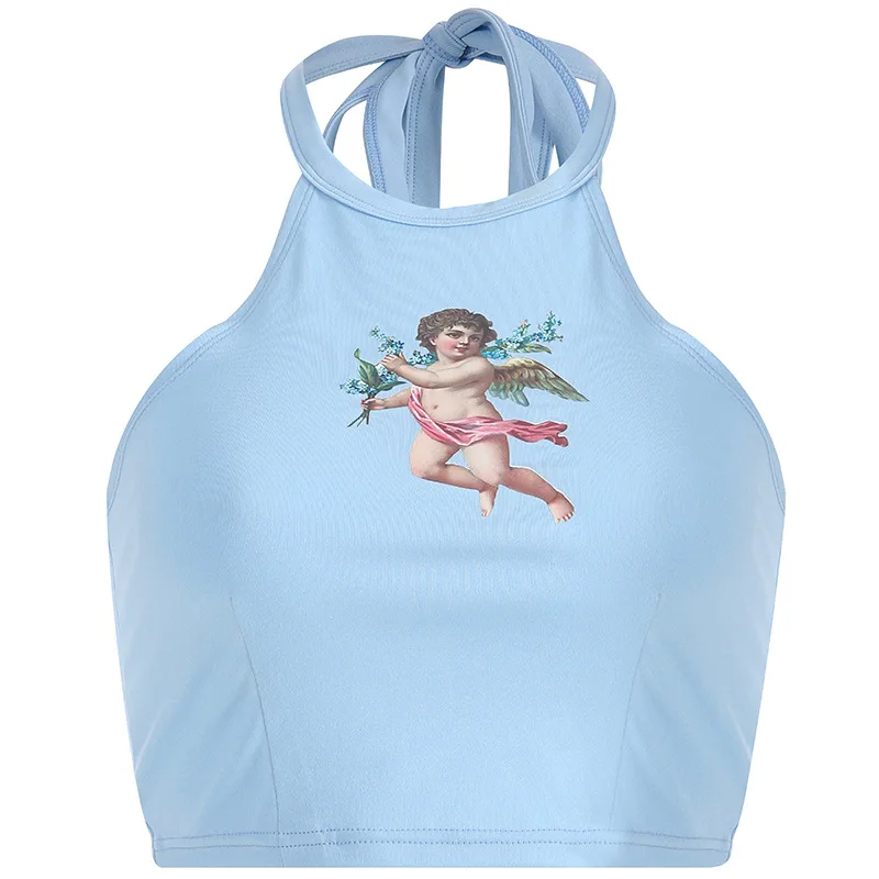 Женский укороченный топ с открытыми плечами летний лямкой на шее и принтом