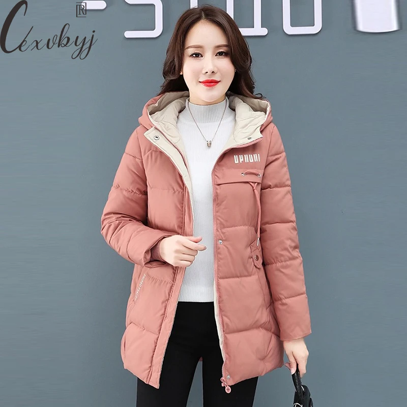 

Winter Coat Women Solid Colors Hooded Cotton Down Jacket Windproof Thick Long Parkas Plus Size 5XL Mom Overcoat Print Ouotwear