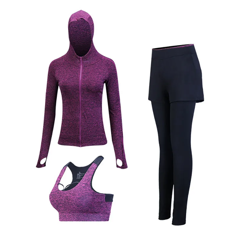 Red violet Комплект для йоги, бесшовный спортивный бюстгальтер+ укороченный топ с коротким рукавом+ женские леггинсы для бега, спортзала, с высокой талией, для тренировок, фитнеса, дышащий спортивный костюм - Цвет: Red violet