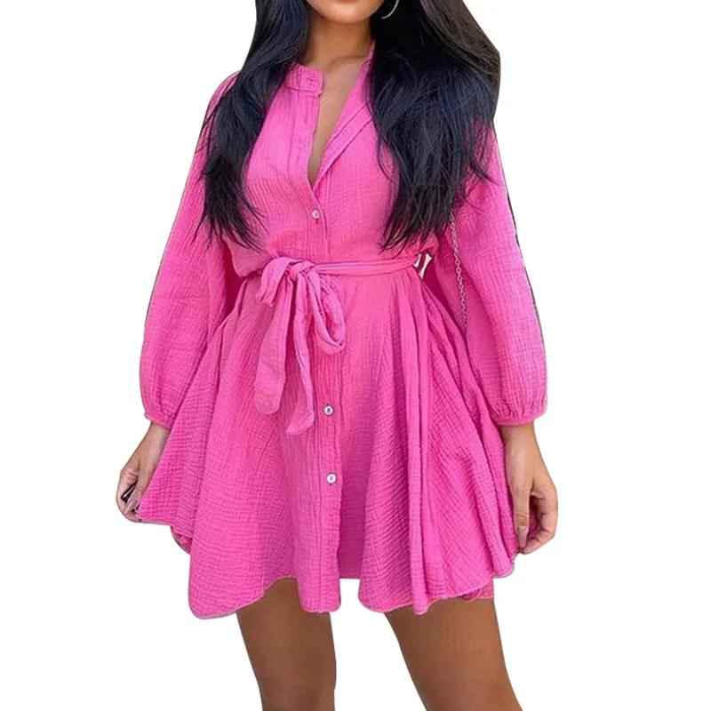 

Pink Casual Lace Bow Dress Women's O-neck Lantern Long Sleeve High Waist Mini Dress Women 2021 Spring Fashion Dresses for Women