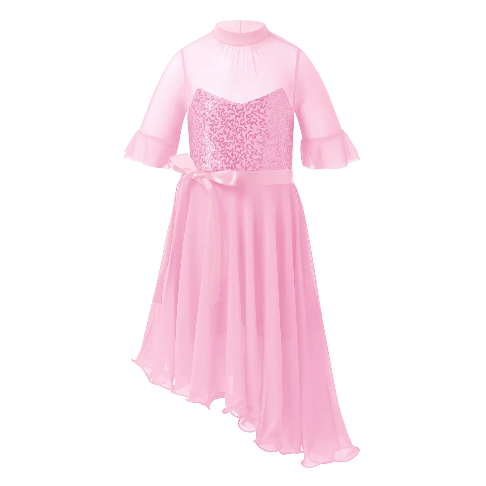 

New Kids Girls Ballet Dress Shiny Sequins Short Sleeve Irregular Cut Tulle Dance Skating Ice Skating Dress Performance Jumpsuit