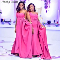 fuchsia one shoulder bridesmaid dresses long mermaid sleeveless streamer pleat wedding party dress 2022 african prom gowns