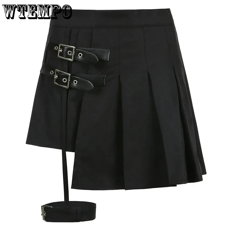 

Harajuku Y2K Mini Pleated Skirts Women Button Ribbon Irregular Black Goth Skirt Streetwear Hip Hop Nightclub Sexy Jupe Femme New