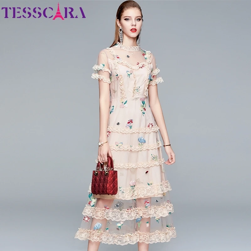 Женское роскошное Сетчатое платье TESSCARA с вышивкой высококачественное