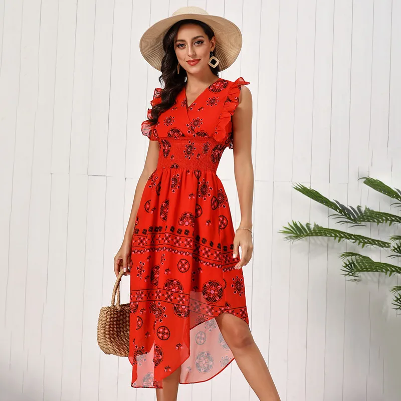 

2021 Summer New Fashion Sexy V Neck Women Dress Casual Slim Solid Sleeveless Ruffle Patchwork Print Lady Irregular Dress