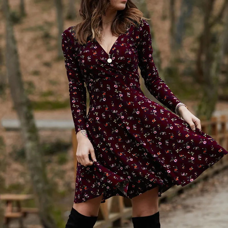 

2021 Spring New Women Long Sleeve V-neck Floral Dress Casual Slimming Waist Mini Vestidos