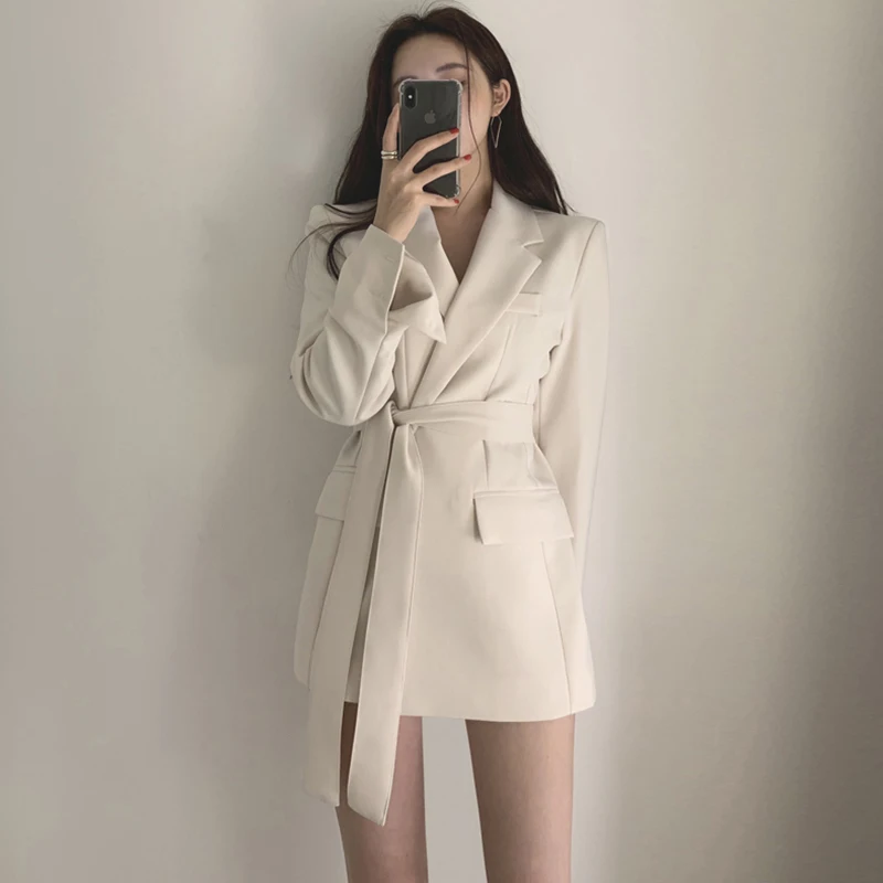 

2021 Spring Autumn Women Blazer Jacket Solid Notched Collar Long Sleeve Female Suit Office Ladies Long Belt Coat Jacket Outwear